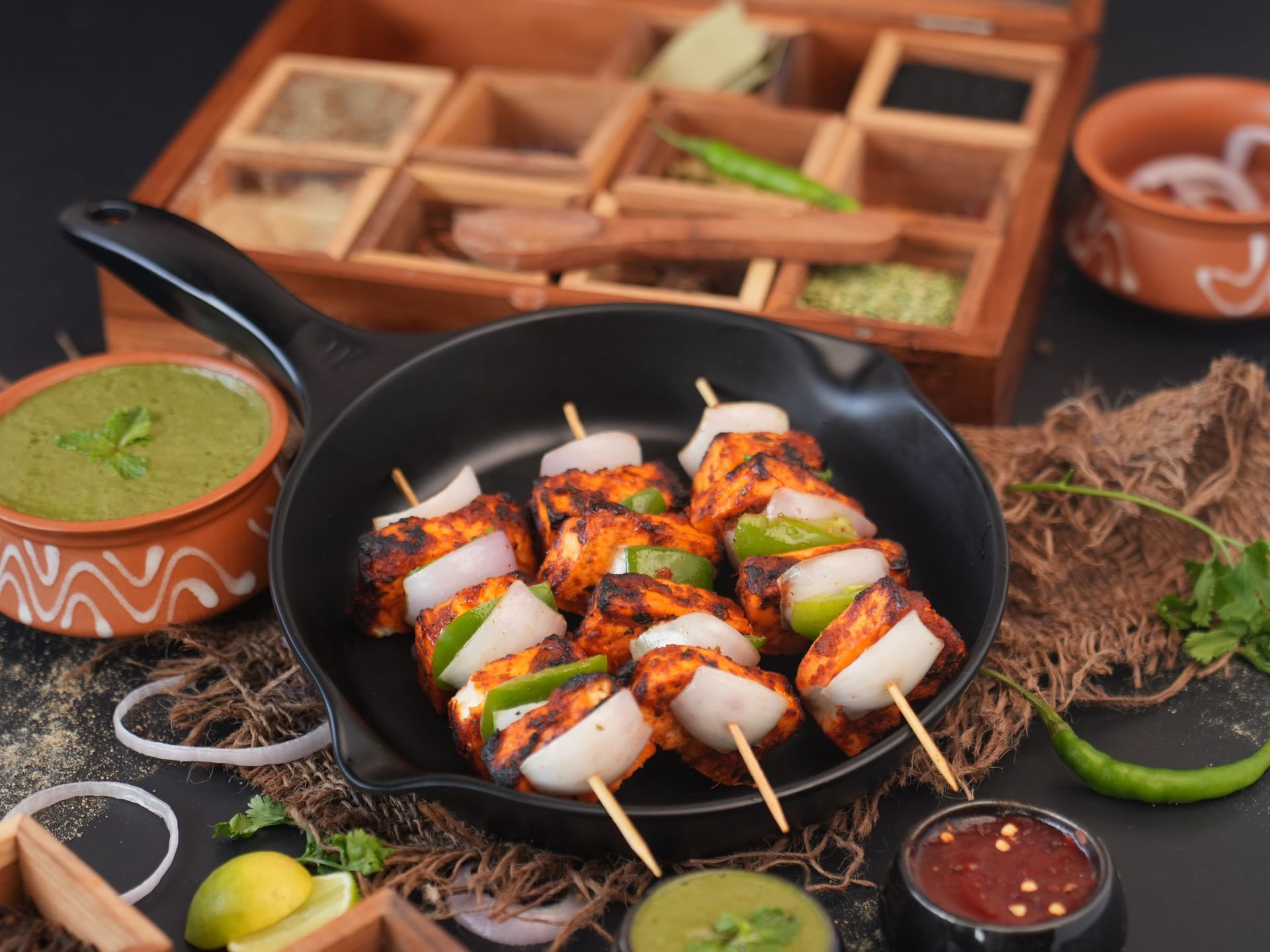 Paneer tikka skewers in a black pan — cubes of paneer charred at the edges, threaded between onion petals and green capsicum, with mint chutney beside them.